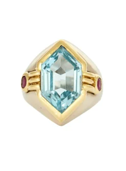 Bague chevalière en or gris topaze bleue et rubis