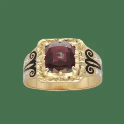 Bague chevalière Napoléon III en or jaune 18K avec émail et grenat – Taille 54