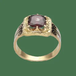 Bague chevalière Napoléon III en or jaune 18K avec émail et grenat – Taille 54