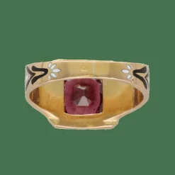 Bague chevalière Napoléon III en or jaune 18K avec émail et grenat – Taille 54