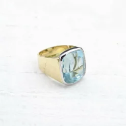 Bague chevalière Or jaune Platine Aigue-marine