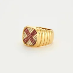 Bague Chevalière plateau diamants/rubis