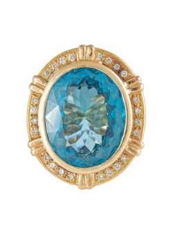 Bague Chevalière, Topaze Bleue & Diamants, Or Jaune