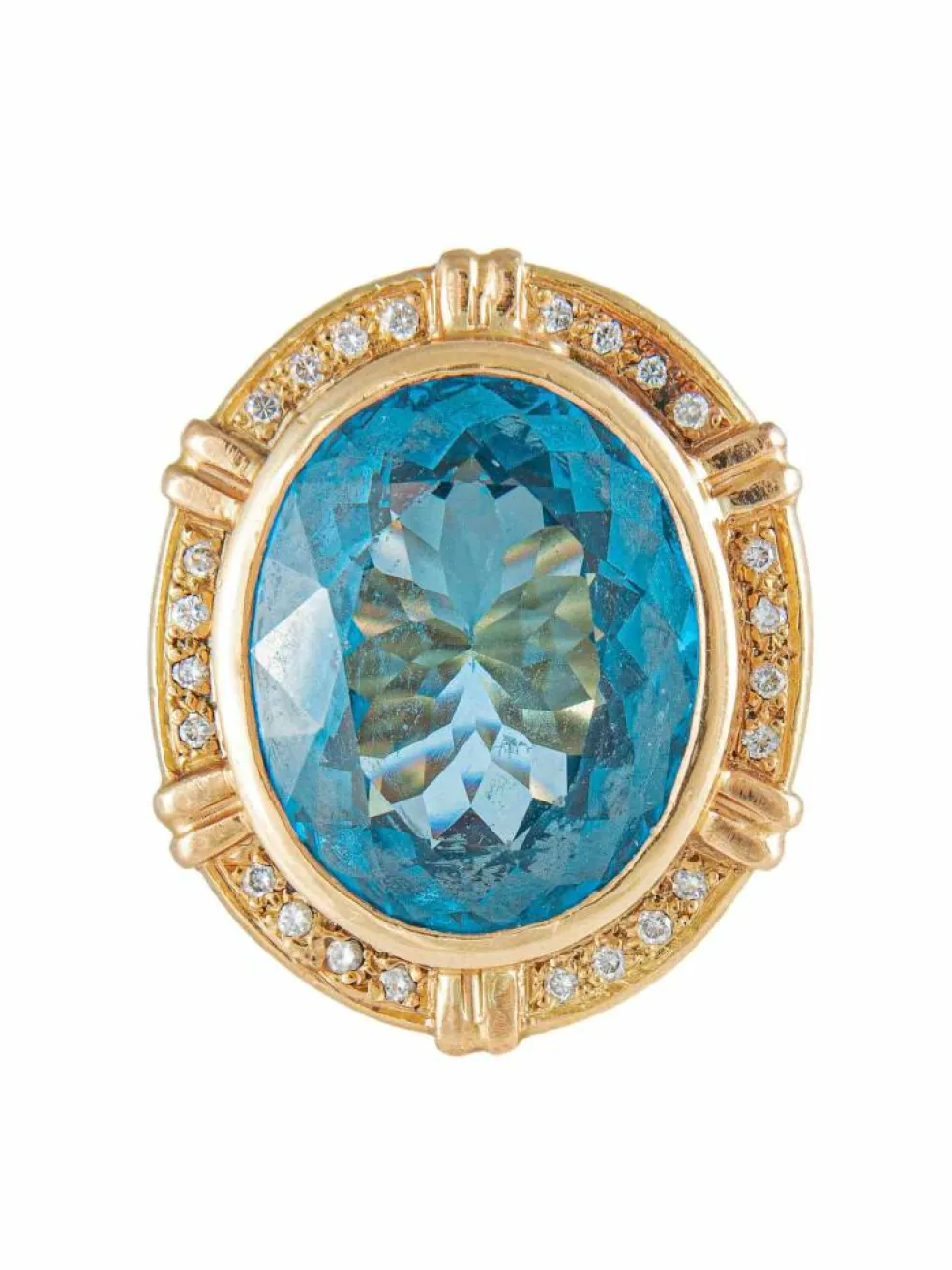 Bague Chevalière, Topaze Bleue & Diamants, Or Jaune