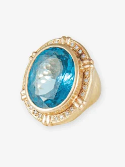 Bague Chevalière, Topaze Bleue & Diamants, Or Jaune