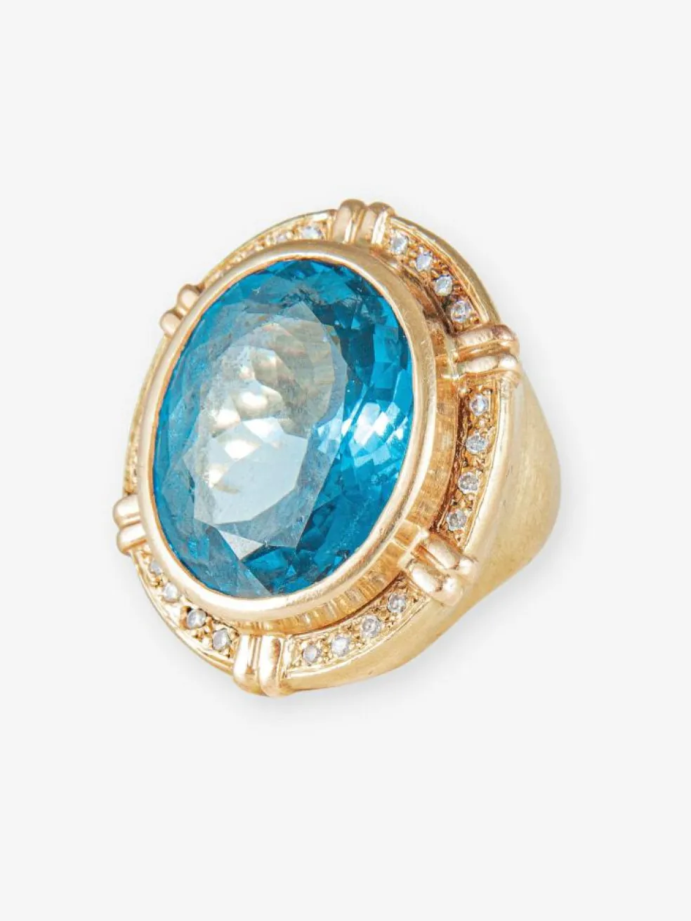Bague Chevalière, Topaze Bleue & Diamants, Or Jaune