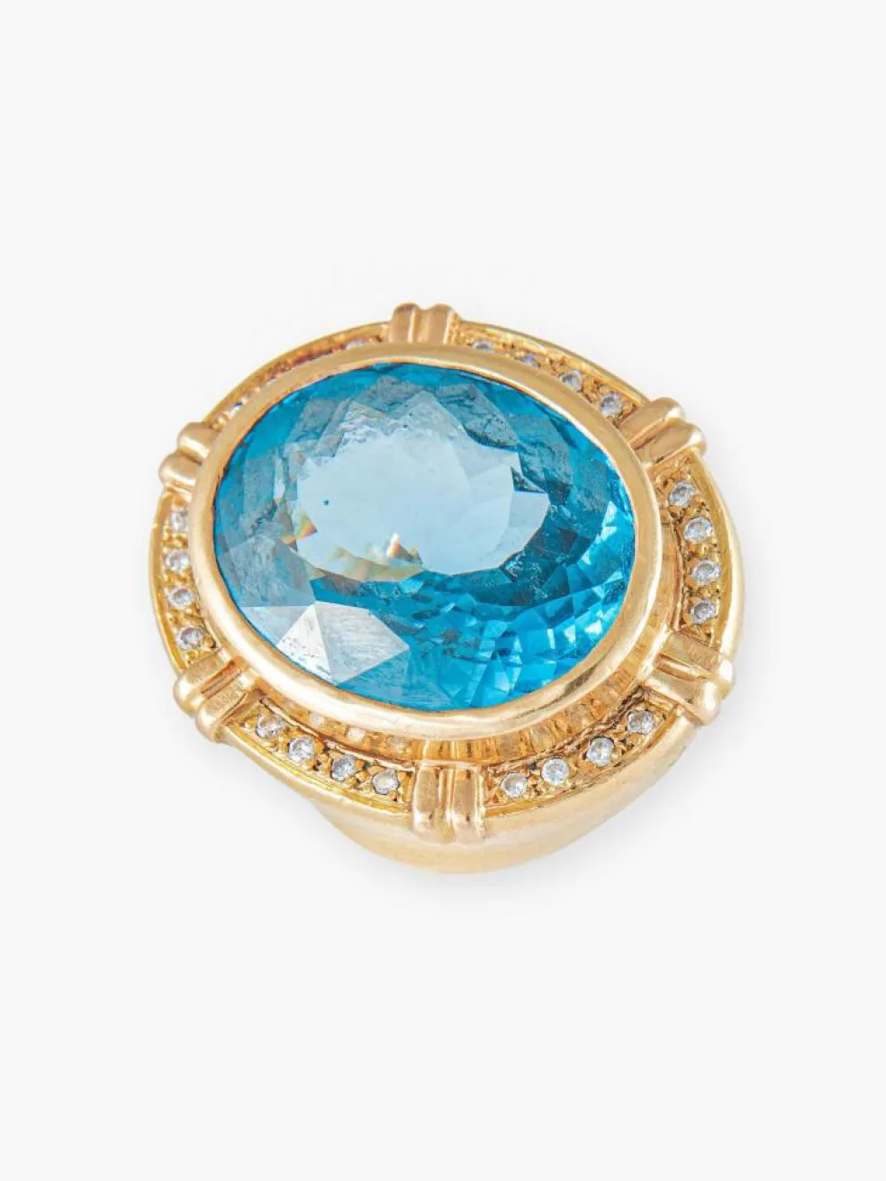 Bague Chevalière, Topaze Bleue & Diamants, Or Jaune