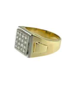 Bague Chevalière vintage or jaune et blanc diamant certificat HRD