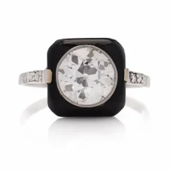 Bague cible Art Déco en platine, onyx et diamant taille ancienne de 2 carats
