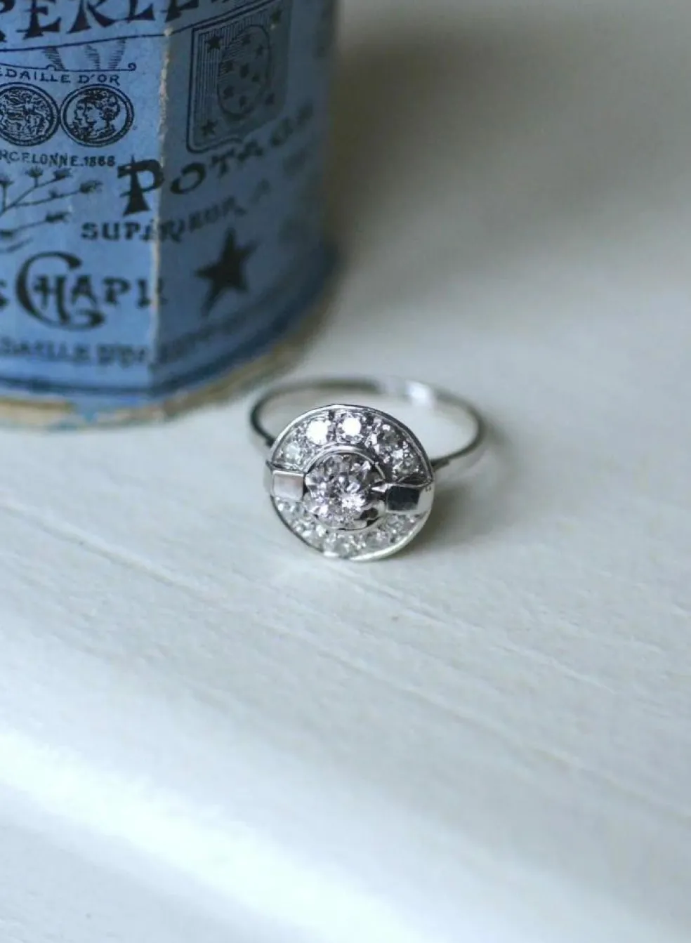 Bague Cible Art Déco Or Blanc Platine Diamant