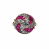 Bague cible tourbillon art deco or jaune diamant et rubis calibrés