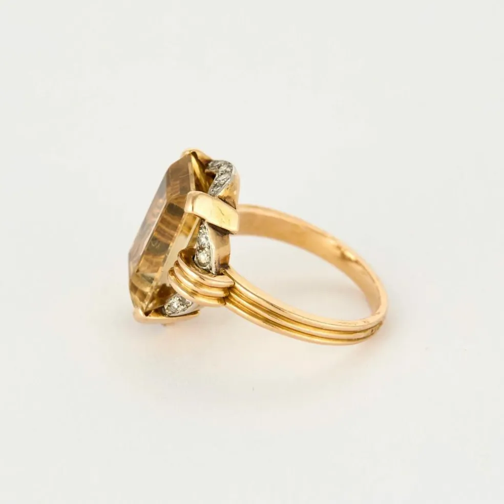 Bague citrine platine et or jaune, diamants