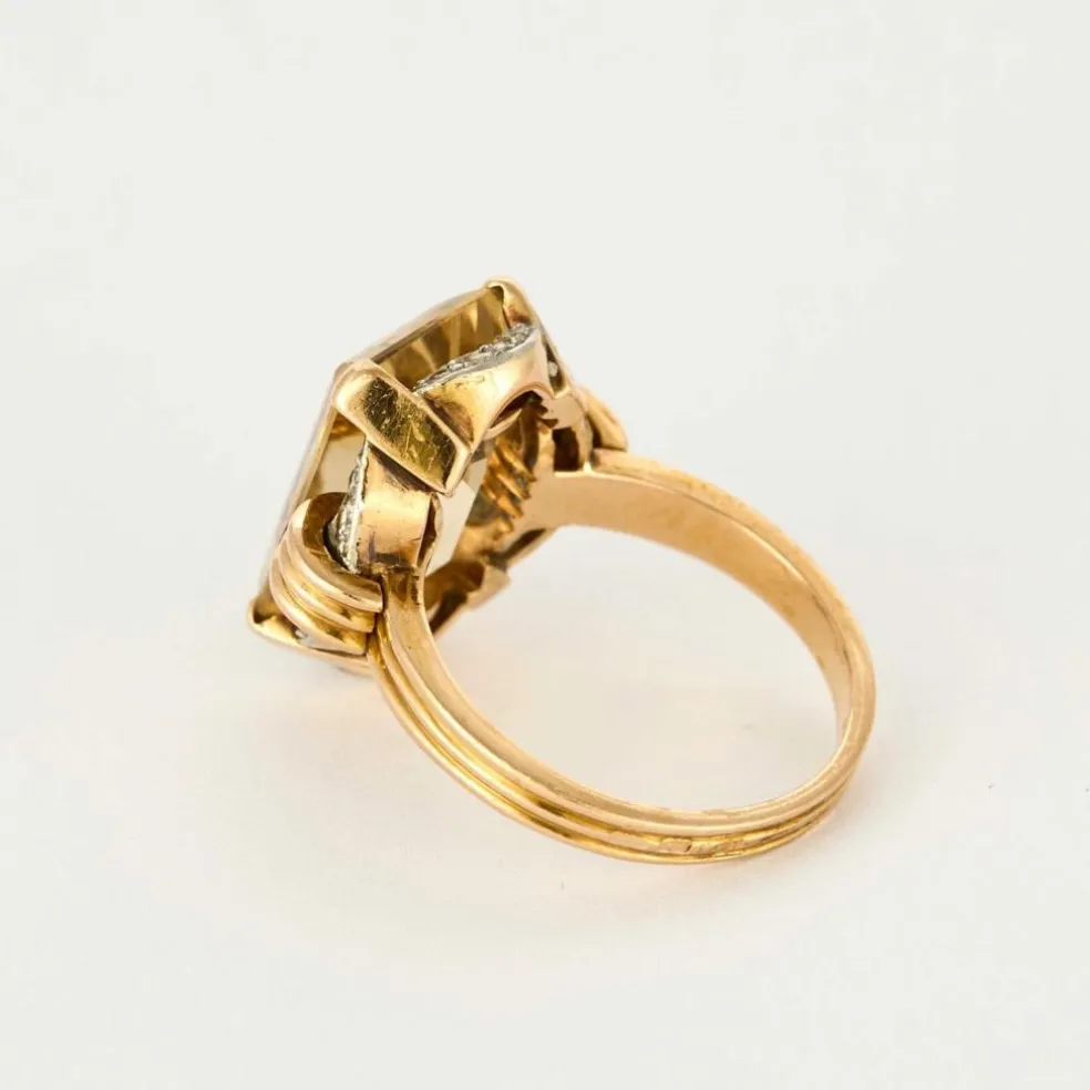Bague citrine platine et or jaune, diamants