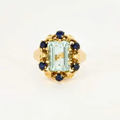 Bague cocktail aigue-marine et saphirs en or rose