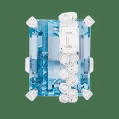 Bague cocktail aigue-marine, diamants, or blanc.