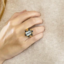Bague cocktail aigue-marine et saphirs en or rose