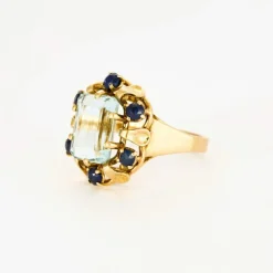 Bague cocktail aigue-marine et saphirs en or rose