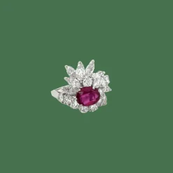 Bague Cocktail années 70 or blanc rubis diamants