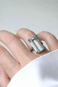 Bague Cocktail Art Déco platine, aigue-marine & diamants