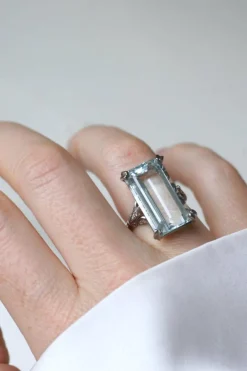 Bague Cocktail Art Déco platine, aigue-marine & diamants