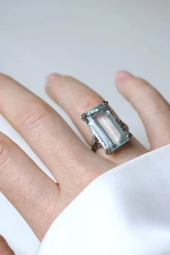 Bague Cocktail Art Déco platine, aigue-marine & diamants