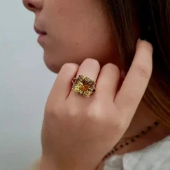 Bague cocktail citrine diamants or jaune