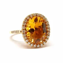Bague cocktail citrine ovale diamants or jaune