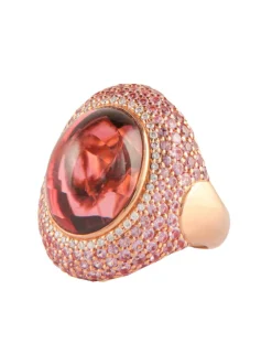 Bague cocktail en or rose 18k, Tourmaline cabochon pavage diamants et saphirs