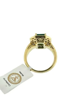 Bague cocktail française rétro or jaune diamants et émeraude certificat IGI