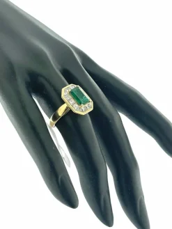 Bague cocktail française rétro or jaune diamants et émeraude certificat IGI