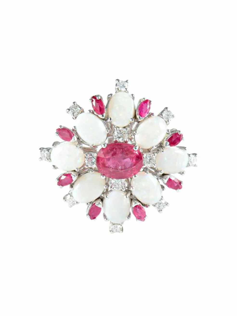 Bague Cocktail Opales Rubis Diamants