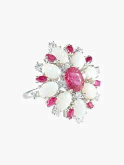Bague Cocktail Opales Rubis Diamants