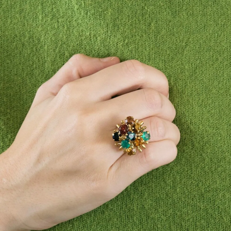Bague Cocktail or jaune citrine spinelle oeil de tigre saphir