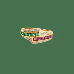 Bague cocktail or jaune et blanc émeraudes rubis et diamants