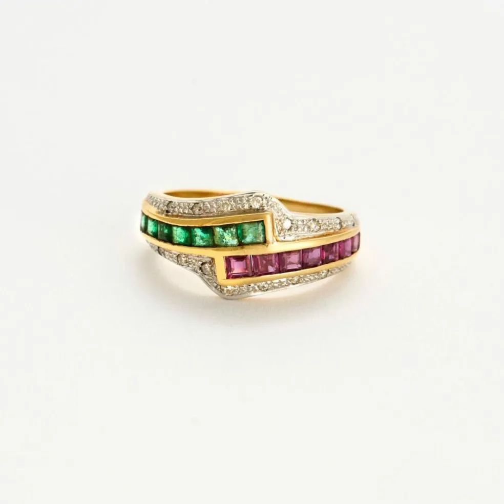 Bague cocktail or jaune et blanc émeraudes rubis et diamants