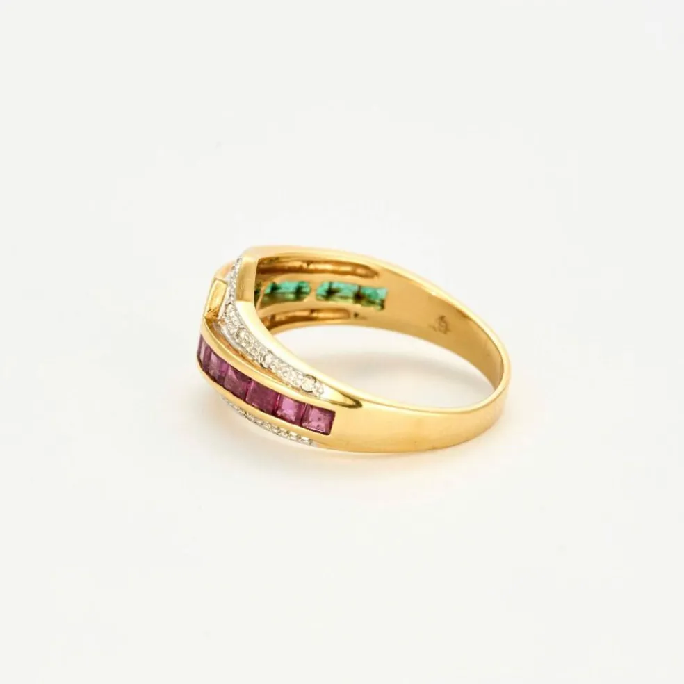 Bague cocktail or jaune et blanc émeraudes rubis et diamants