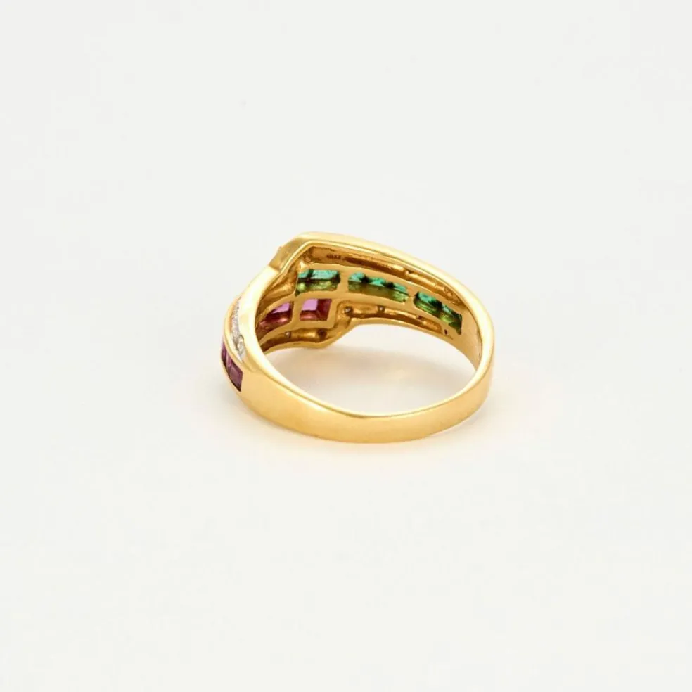 Bague cocktail or jaune et blanc émeraudes rubis et diamants