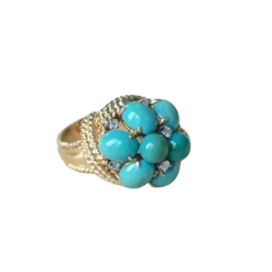 Bague Cocktail or jaune turquoises diamants