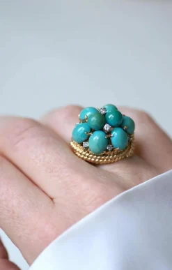 Bague Cocktail or jaune turquoises diamants