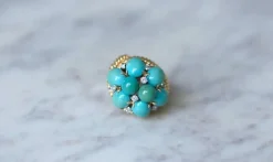 Bague Cocktail or jaune turquoises diamants