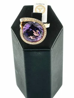 Bague cocktail or rose améthyste 13cts et diamants certificat IGI