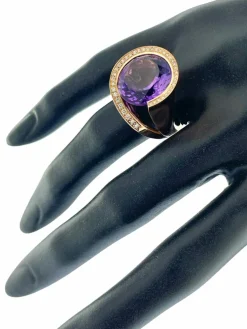 Bague cocktail or rose améthyste 13cts et diamants certificat IGI