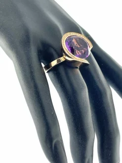 Bague cocktail or rose améthyste 13cts et diamants certificat IGI