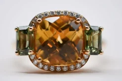 Bague Cocktail Or Rose Citrine Diamants Saphirs
