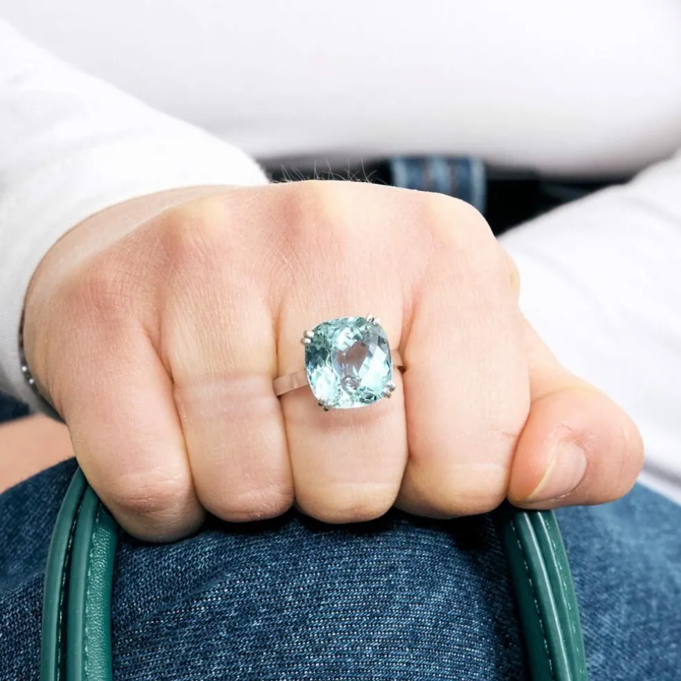 Bague cocktail platine et aigue-marine