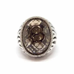 Bague cocktail quartz fumé diamants or blanc