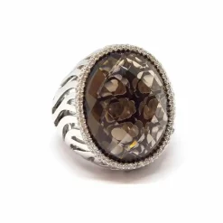 Bague cocktail quartz fumé diamants or blanc