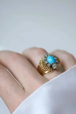 Bague Cocktail Turquoise et Diamants Or jaune