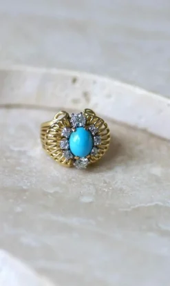 Bague Cocktail Turquoise et Diamants Or jaune