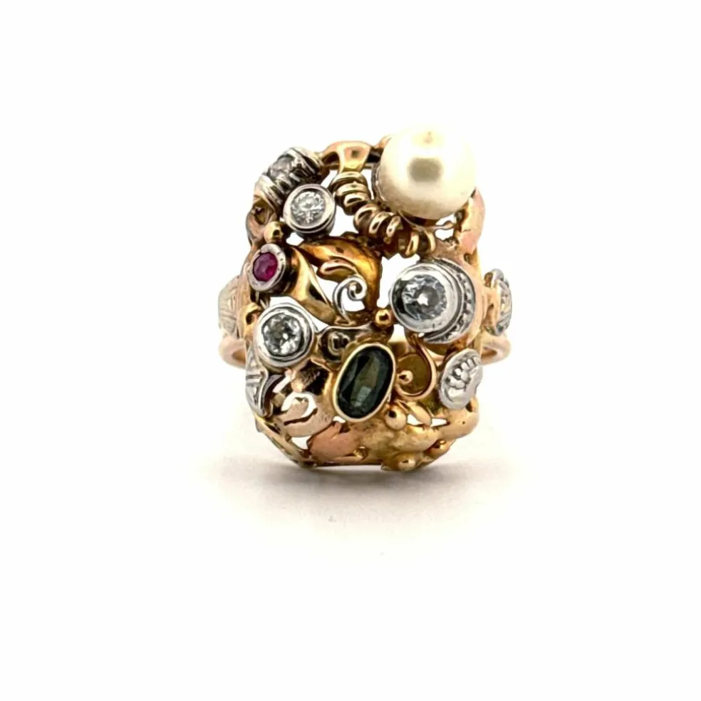 Bague Cocktail Vintage Or Jaune Tutti Frutti